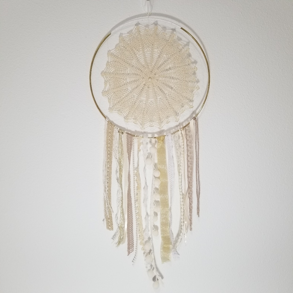🌸 One-of-a-kind Unique Handmade Beige Gold Boho Dream Catcher Wall Home Decor